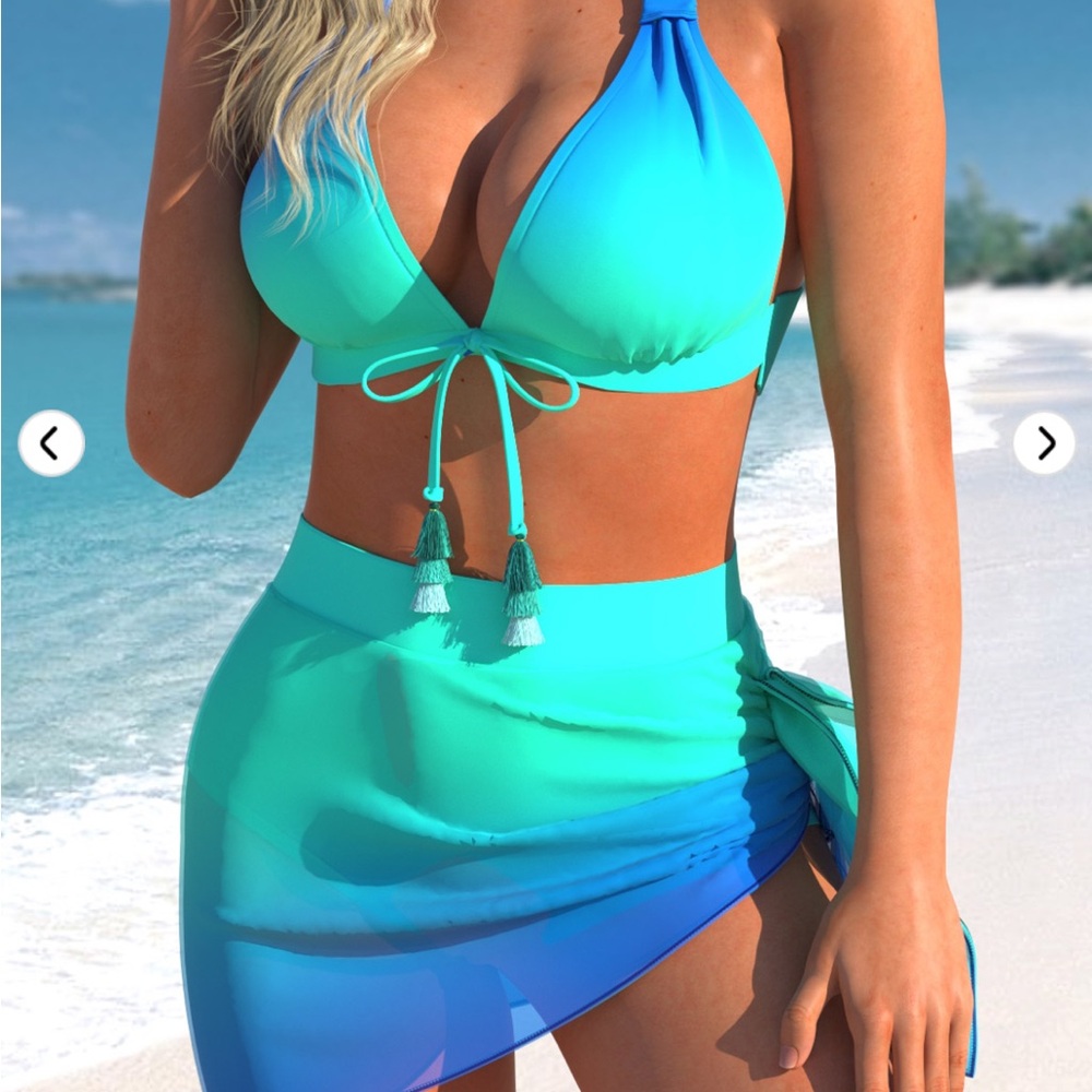 New MODLILY Mesh High Waist Ombre Cyan Bikini Set Aqua Blue Gradient Bikini Set